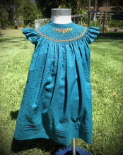 Load image into Gallery viewer, Girls Daisies on Teal Smocked Bishop Size 5 years